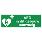 AED-pictogram op sticker "AED in dit gebouw aanwezig"